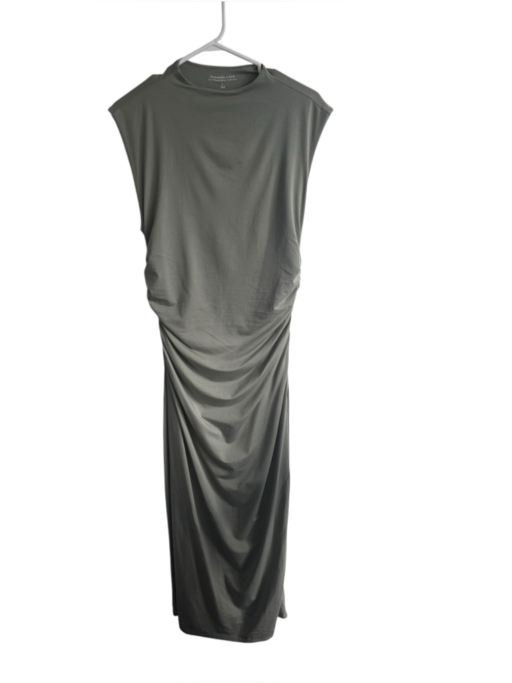 Abercrombie & Fitch Ruched Maxi Dress with Leg Slit Sage Green Sz Large